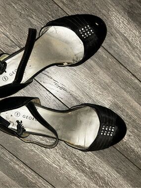 George Black Satin Peep-Toe Heels with Rhinestone Accents